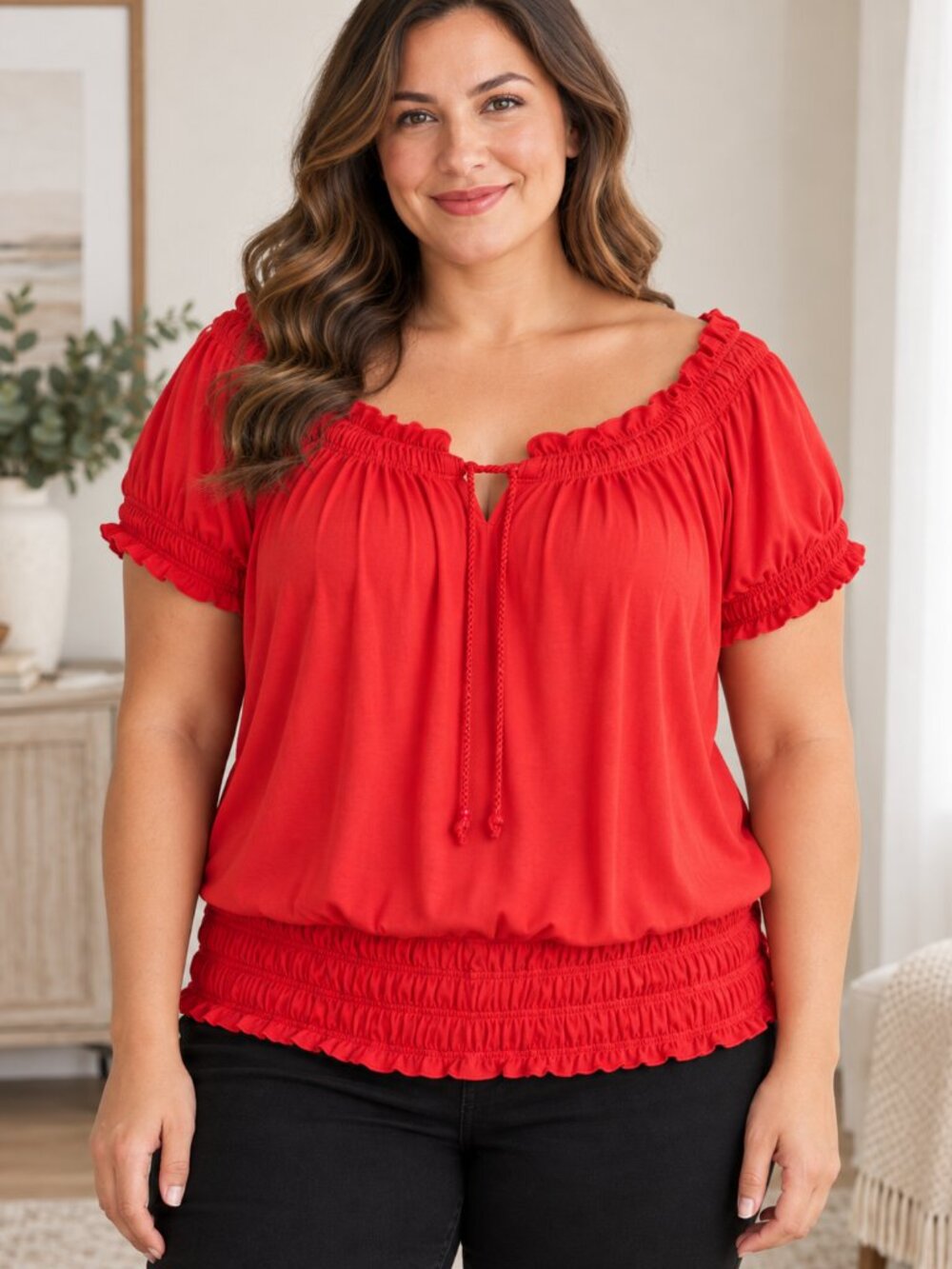 Red Boho Peasant Top 3X | Derek Hearts Stretchy Smocked Blouse